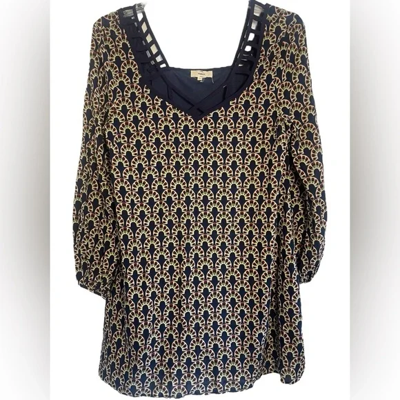 Entro Square Neckline Detail Patterned Dress Size Large - Picture 1 of 13